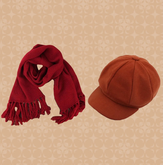 Lote navideño: bufanda de punto roja y gorro de pescador