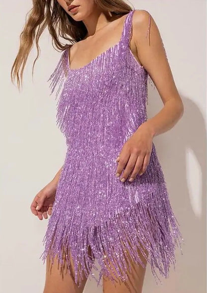 Vestido estilo flapper con borlas de lentejuelas morado